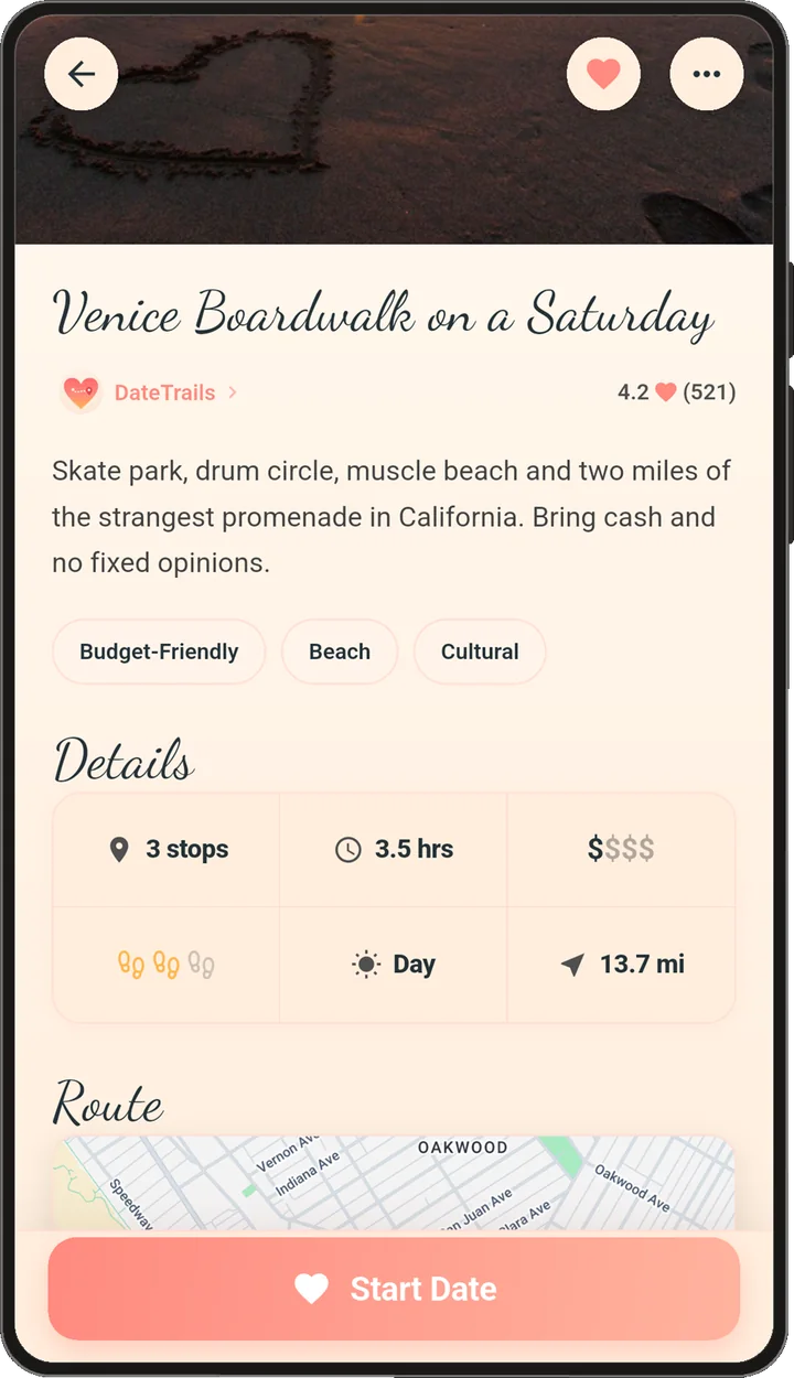 A date's detail page: a sunset cover photo, the title Venice Boardwalk on a Saturday, and a grid of details like stops, hours, price and distance.