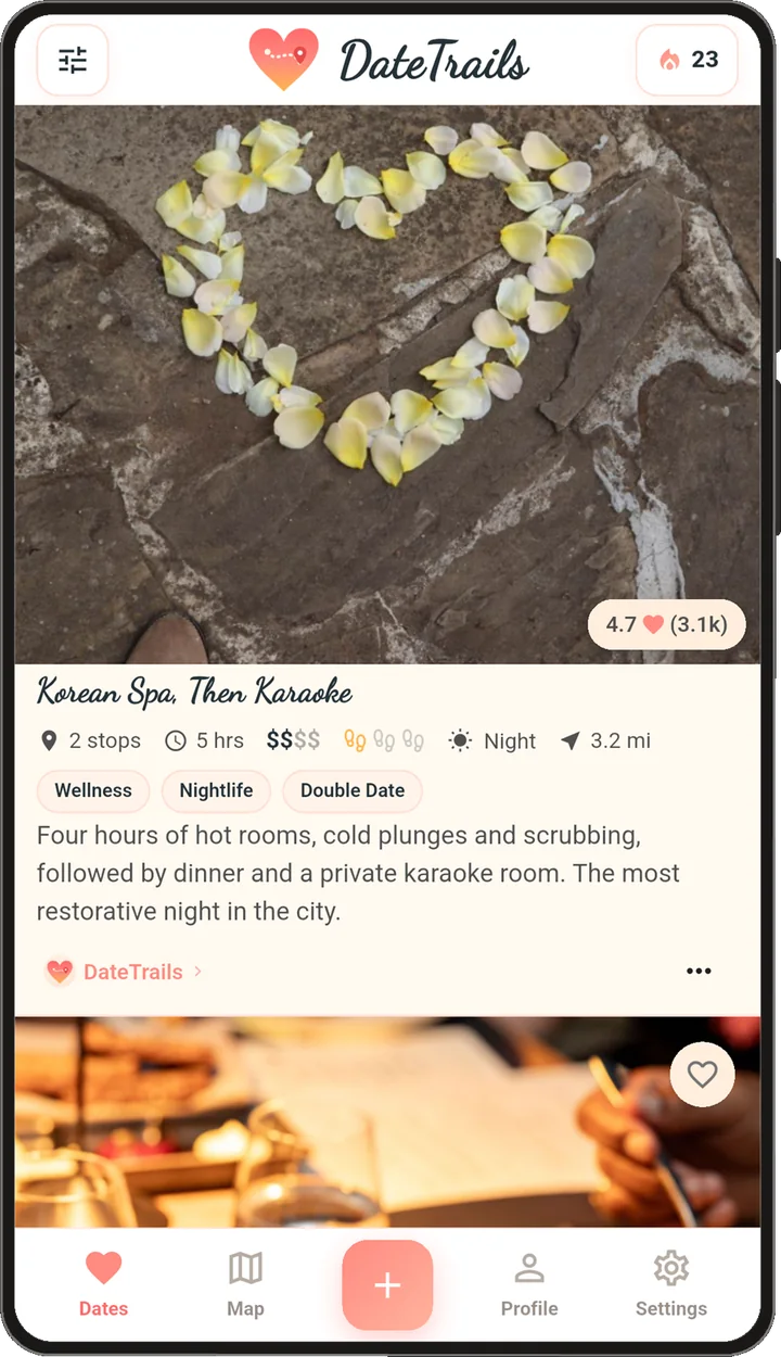 The Dates feed showing Korean Spa, Then Karaoke with a 4.7 rating.