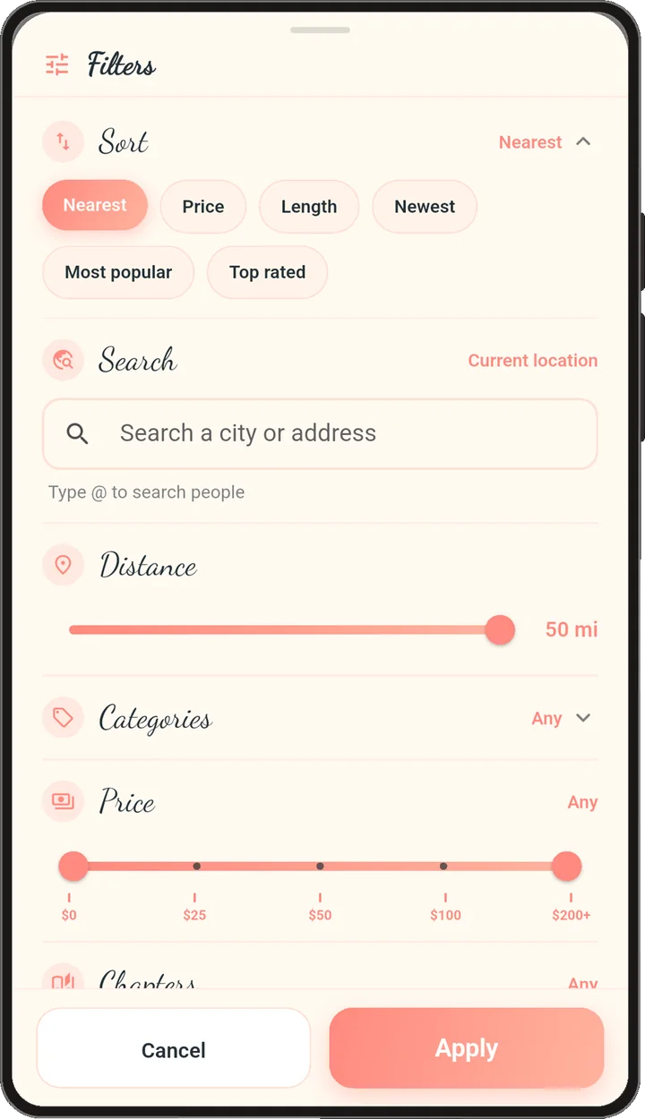 The filters sheet: sort, search, distance, categories and price.