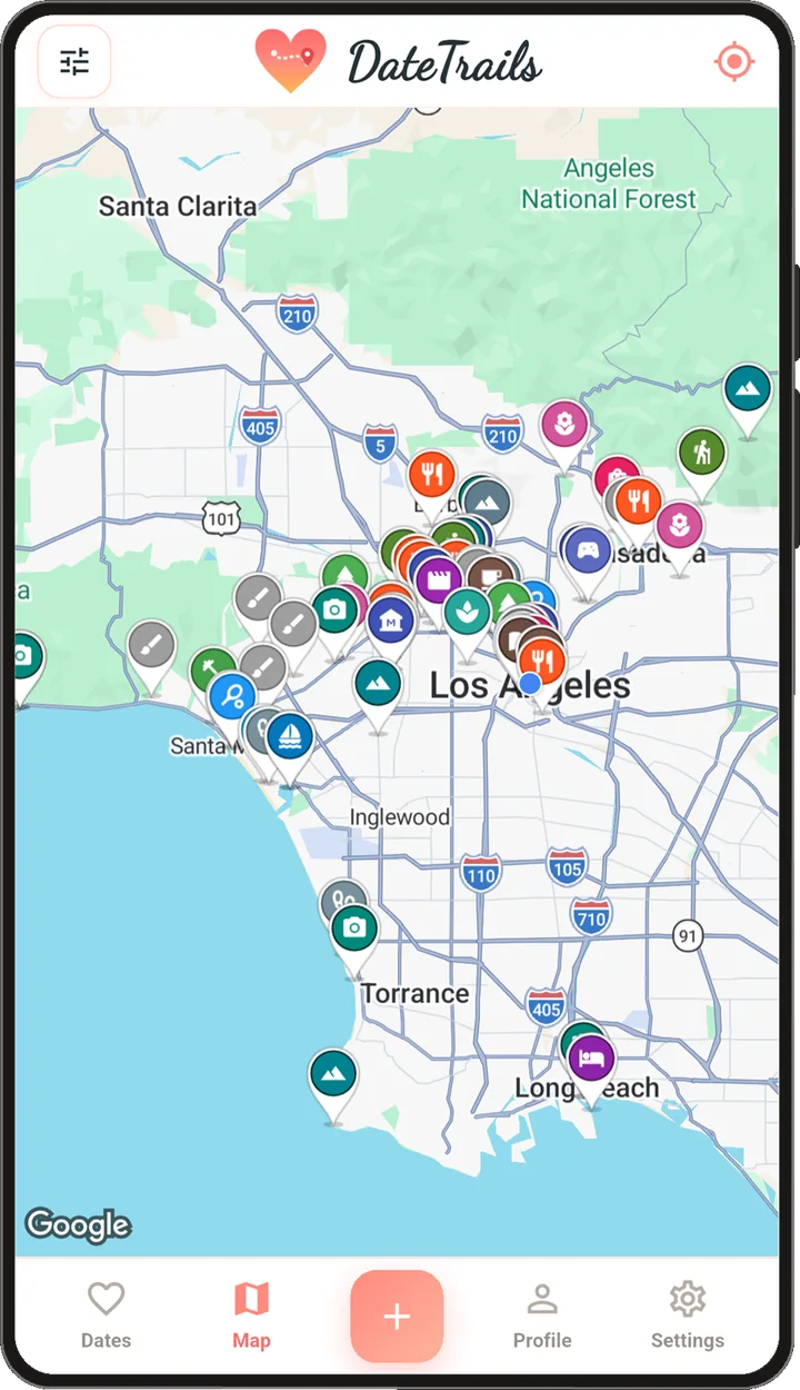 The DateTrails map tab, with colour-coded pins for dates across Los Angeles.