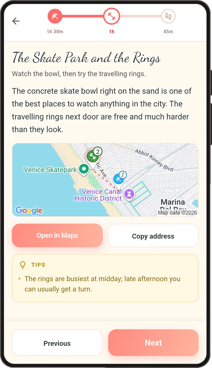The on-a-date view: a progress bar of chapters across the top, the current chapter The Skate Park and the Rings, a map of the stop, and Open in Maps and Copy address buttons.